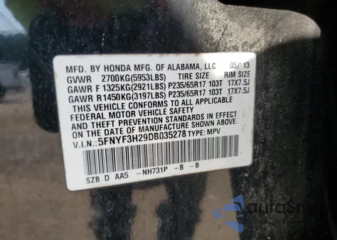 2013 Honda Pilot Lx из США, поврежденный, VIN 5FNYF3H29DB035278